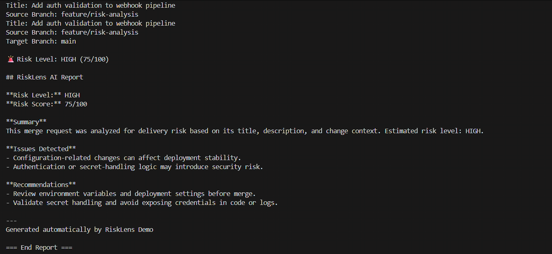 RiskLens Terminal Output
